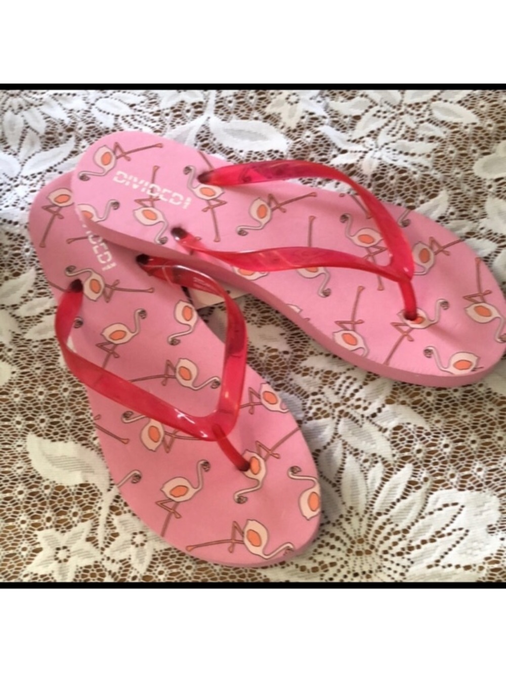H&M Pink Flamingo Print Flip Flop Sandals with Red Straps
